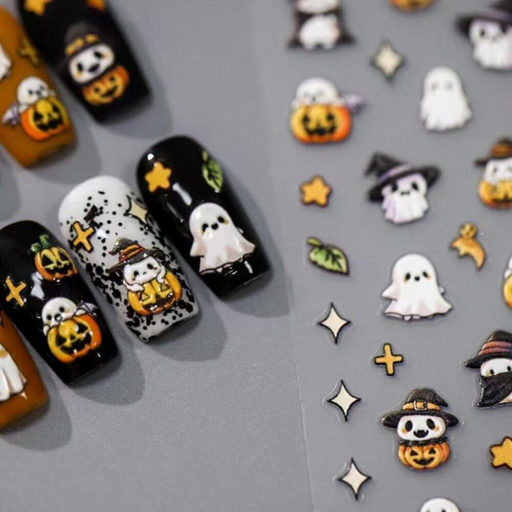 Halloween Nail Art Stickers 5D Embossed Self Adhesive Nails Decals Cute Ghost Na